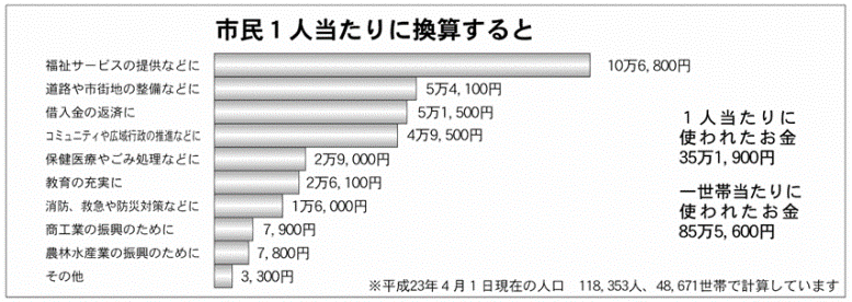 平成22年度市民一人当たりの費用換算棒グラフ（平成23年4月1日現在の人口118353人で計算）