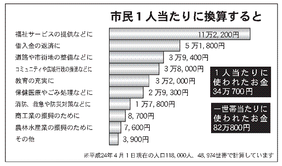 平成23年度市民一人当たりの費用換算棒グラフ（平成24年4月1日現在の人口118000人で計算）