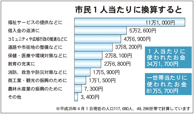 平成24年度市民一人当たりの費用換算棒グラフ（平成25年4月1日現在の人口117,680人で計算）