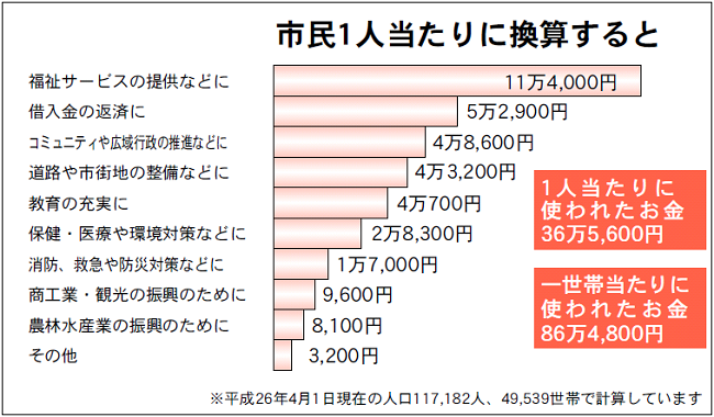 平成25年度市民一人当たりの費用換算棒グラフ（平成26年4月1日現在の人口117,182人で計算）