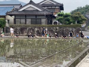 水路で足を洗う
